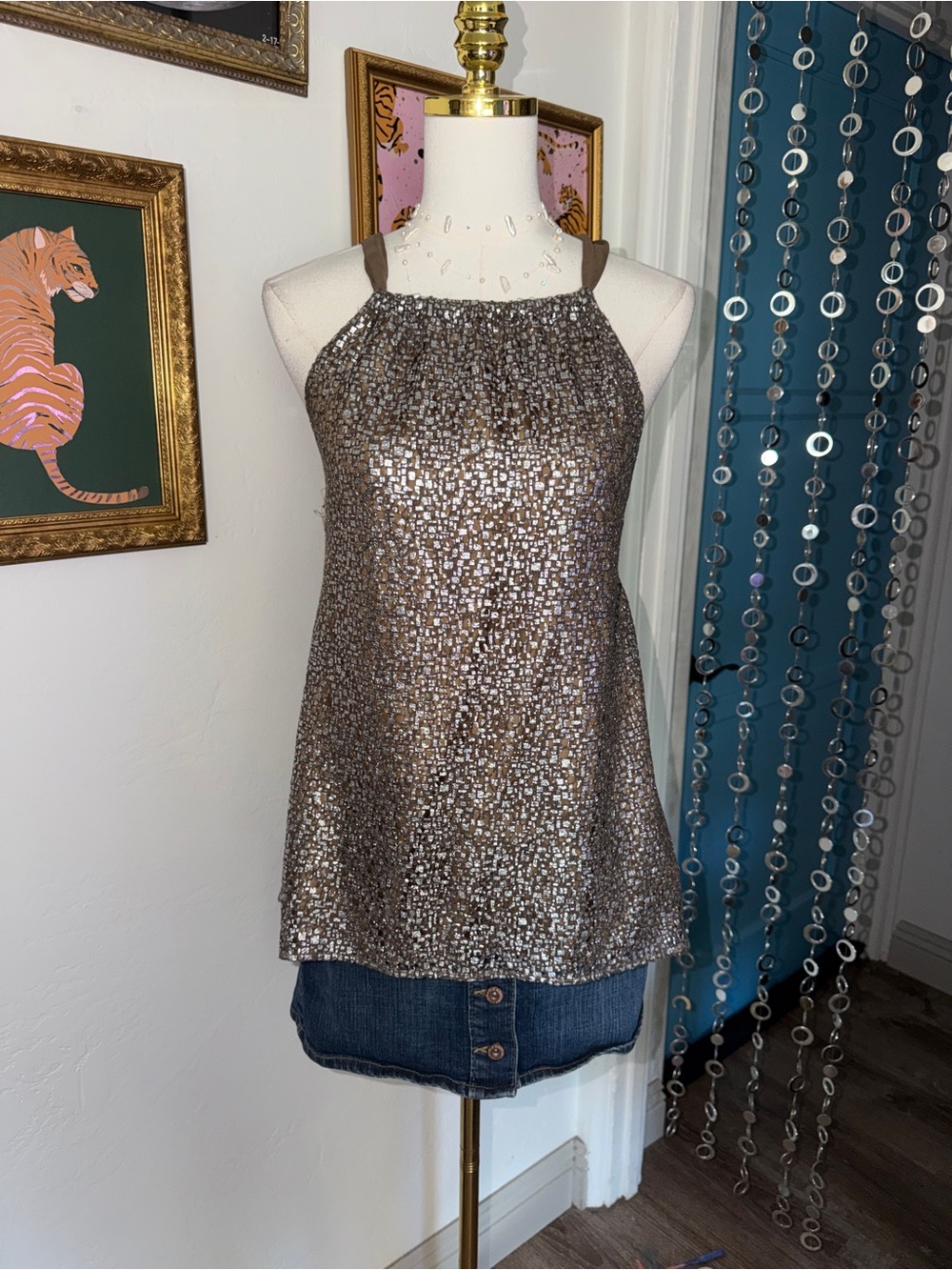 Vintage Y2K Sequin Halter Tank Top - Metallic Taupe